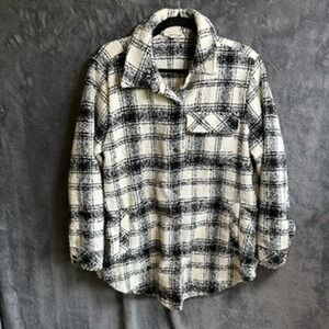 Como Blu Plaid Fuzzy Shirt Jacket Oversized Button‎ Down Pockets Women's Size M